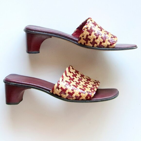 Handcrafted Burgundy Raffia Block Heel Mule Sandals Woven Boho Summer Shoes 7 - Picture 13 of 16